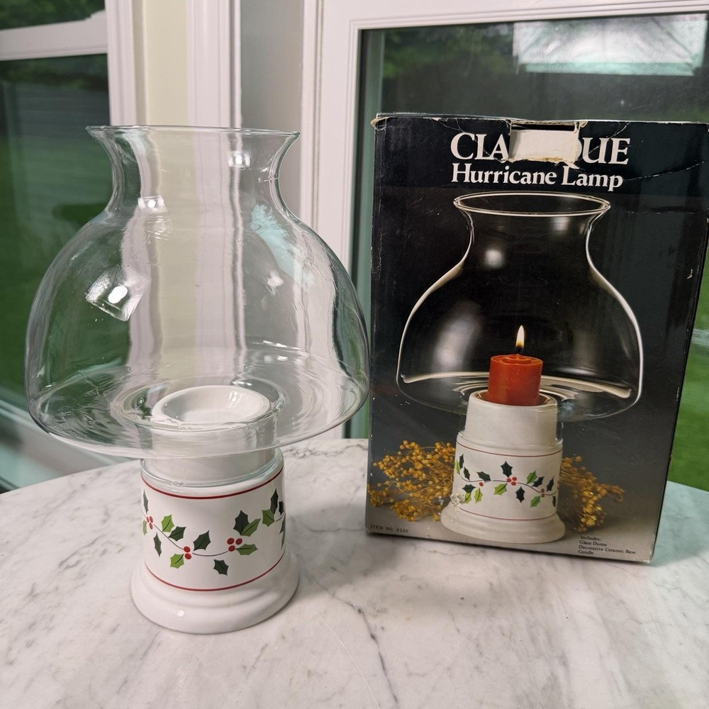 Vintage Classique Hurricane Lamp Christmas Holly Ceramic Candle Holder 1980s Box